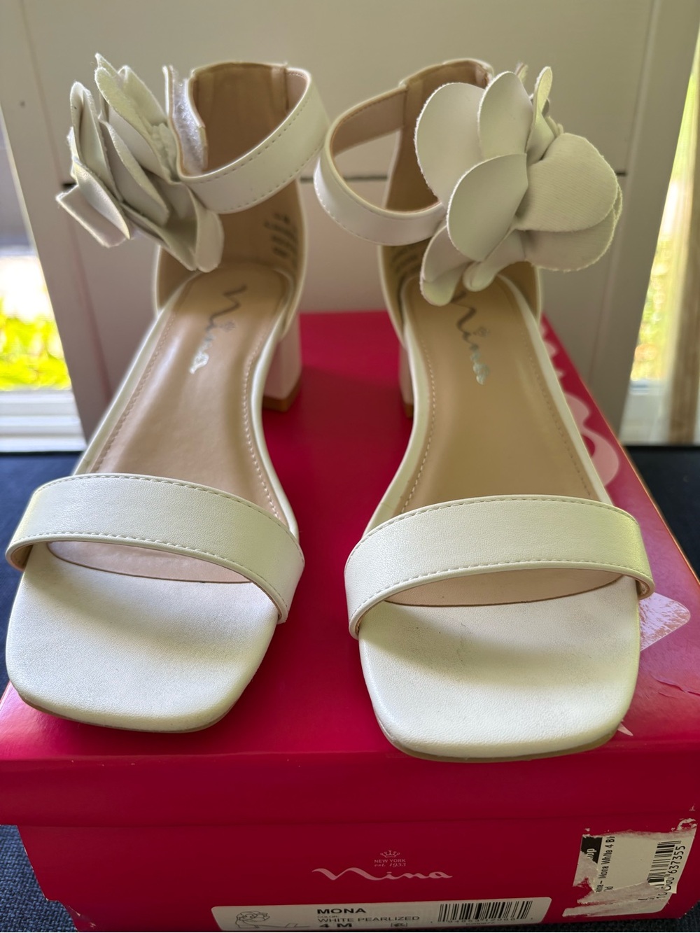 Nina brand Girls White Floral Ankle-Strap Block Heel Sandals